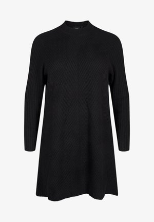 Robe-pull longue noire à manches longues en tricot avec un subtil motif chevron côtelé et un col rond haut.