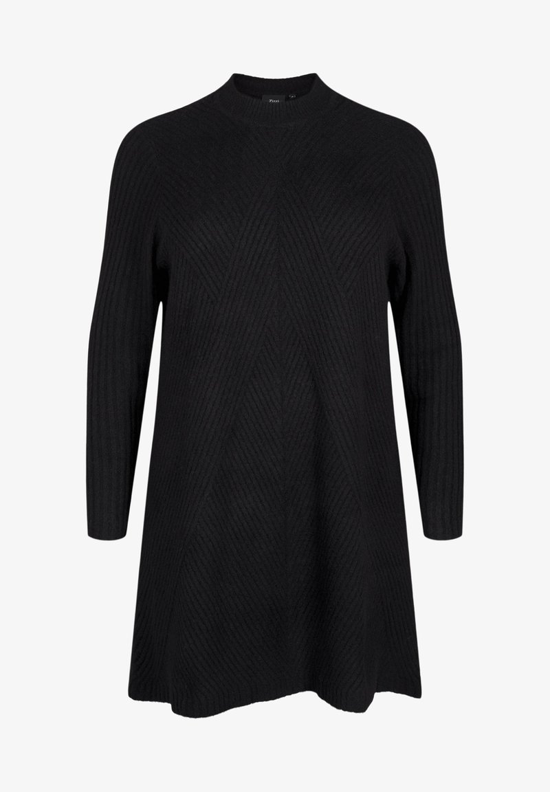 Robe-pull longue noire à manches longues en tricot avec un subtil motif chevron côtelé et un col rond haut.