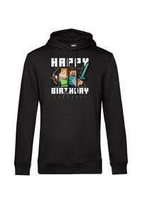 Sudadera negra con un diseño gráfico que presenta dos personajes en bloques, un pico y una espada, con el texto "FELIZ CUMPLEAÑOS" en letras blancas en negrita.