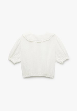 Weißes, kurz geschnittenes Blusenshirt mit kurzen Puffärmeln, rüschigem Kragen und elastischem Saum. Hergestellt aus einem leichten, strukturierten Stoff.