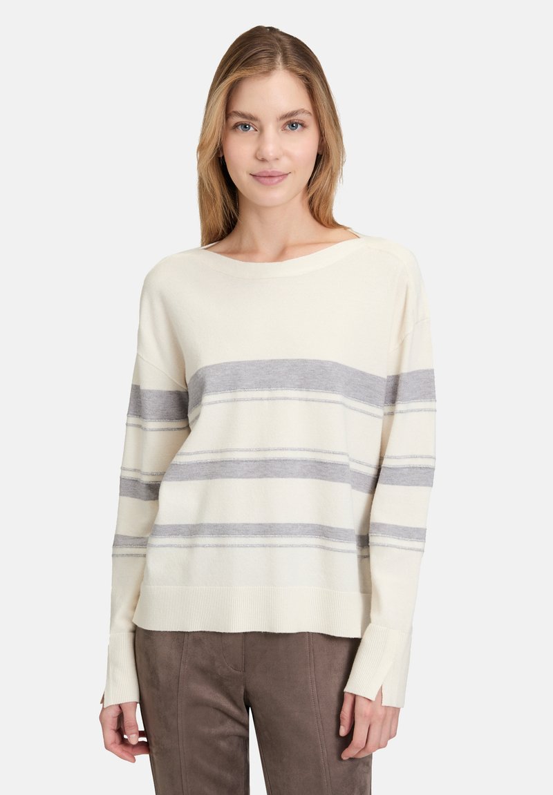 Leichtes Creme-Pullover mit grauen horizontalen Streifen, weitem Ausschnitt, langen Ärmeln, gerippten Bündchen und Saum. Weiche Textur. Lässige Passform.