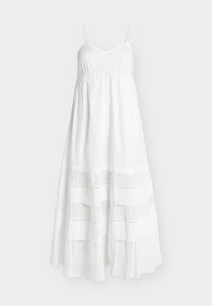 White sleeveless maxi dress with spaghetti straps, V-neckline, gathered waist, and tiered skirt with horizontal stitch details.