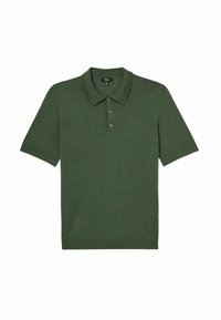 Zelená polo tričko s krátkými rukávy, klasickým límcem a tříknoflíkovým zapínáním z měkké, texturované látky.