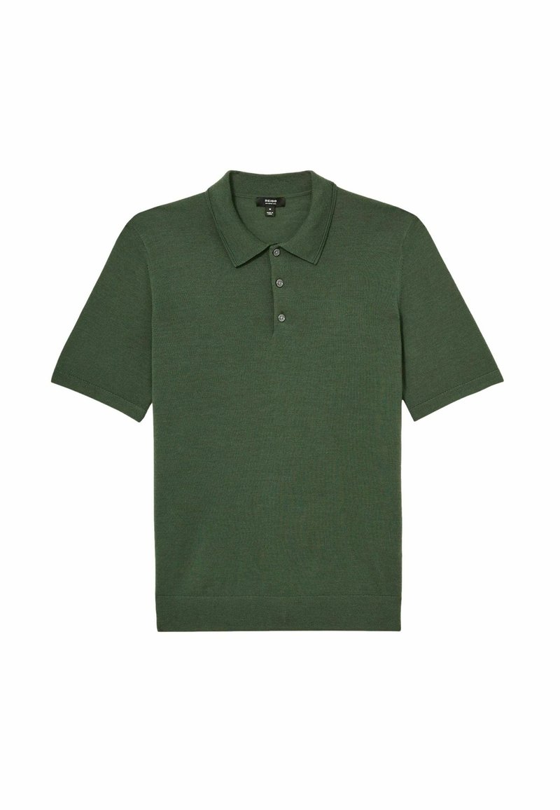 Zelené polo tričko s krátkymi rukávmi, klasickým golierom a trojicu gombíkov, vyrobené z mäkkej, texturovanej látky.