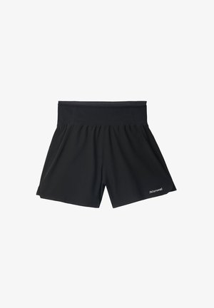 Black athletic shorts with a wide, elastic waistband, featuring a loose fit and subtle branding on the lower left side. Smooth texture.