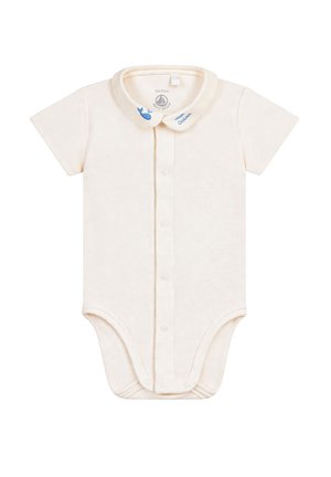 Body per neonato crema a maniche corte con bottoni a pressione frontali e colletto alla Peter Pan ricamato con una balena blu e la scritta "mon Ocean".