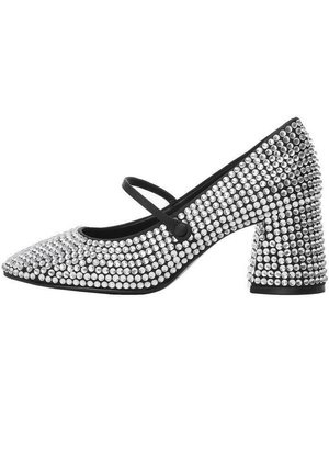 Talons Mary Jane noirs couverts de strass argentés espacés uniformément, avec un talon bloc et une bride unique sur le cou-de-pied.
