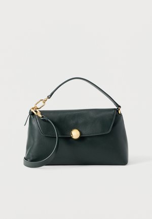 Green leather handbag with a gold button closure, a top handle, and a detachable strap; smooth texture and simple design.