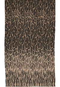 Leopardenmustertextil in Beige- und Dunkelbrauntönen, mit einem Verlauf von gepunktetem zu gestreiftem Design, weicher Textur und rechteckiger Form.