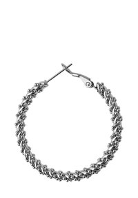 Silberner Creolenohrring mit gedrehtem Design, kleinen kugelförmigen Akzenten, polierter Oberfläche und sicherem Verschluss.