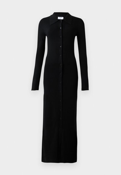 Black ribbed long-sleeve dress with a collared neckline, featuring a full button front and a fitted silhouette.