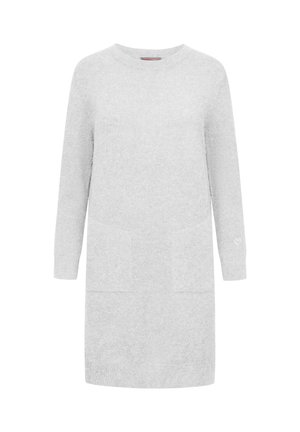 Lichte grijze gebreide sweaterjurk met lange mouwen, twee voorzakken en een klein hartdetail op de mouw. Zachte textuur en een ontspannen pasvorm.