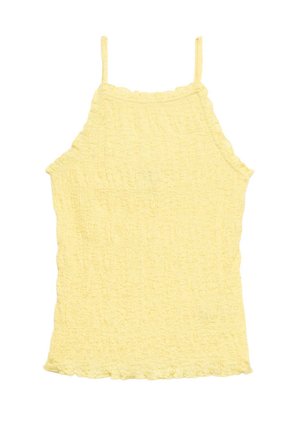 Gelber, strukturierter, ärmelloser Stricktop mit dünnen Trägern und wellenförmigen Kanten auf weißem Hintergrund.