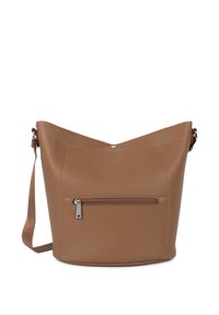 Sac à bandoulière en cuir brun texturé avec une large ouverture, un sommet effilé, une sangle réglable et une poche avant zippée.