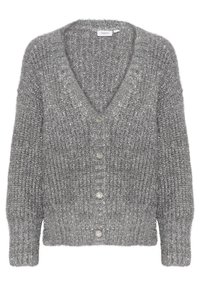 Gray, textured knit cardigan with a V-neck, five front buttons, and ribbed cuffs. Soft, fuzzy material adds depth and warmth.
