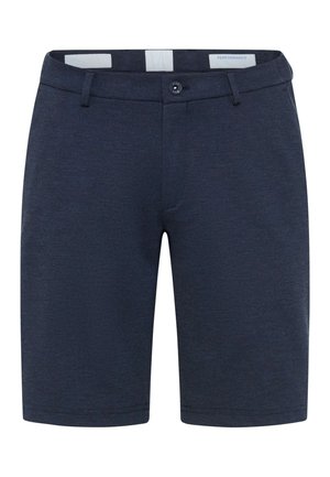 Navy blue shorts made of textured fabric, featuring a front button closure, two pockets, and a waistband with contrasting inner detailing.