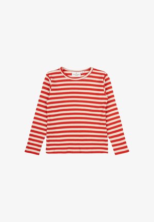 Maglietta a maniche lunghe a righe rosse e crema, texture a coste, scollatura rotonda, maniche lunghe a tinta unita e orlo dritto.
