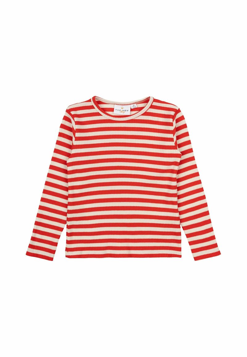 Maglietta a maniche lunghe a righe rosse e crema, texture a coste, scollatura rotonda, maniche lunghe a tinta unita e orlo dritto.