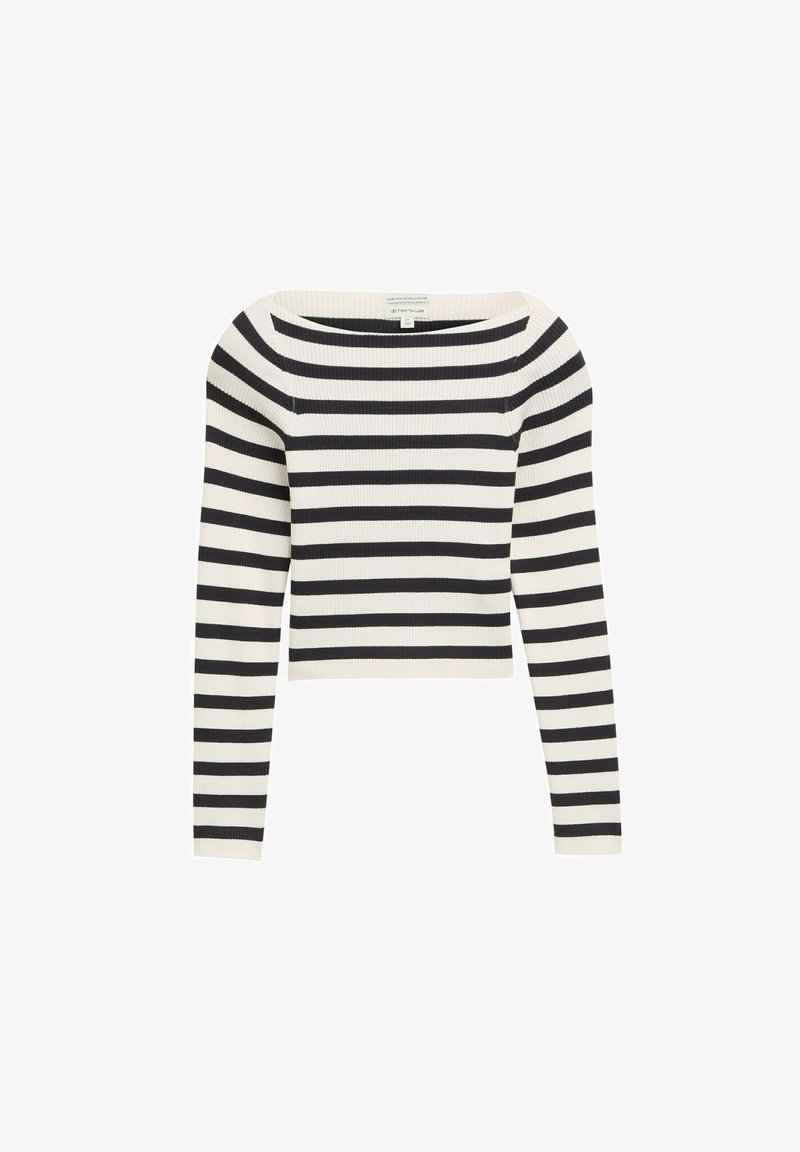 Schwarz-weiß gestreiftes langärmliges Cropped-Top mit quadratischem Ausschnitt, geripptem Material und taillierter Passform.