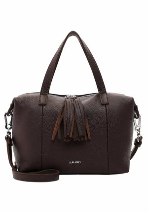 Brązowa torebka skórzana o teksturowanej powierzchni z zamknięciem na zamek, krótkimi uchwytami oraz odczepianym długim paskiem. Posiada skórzane frędzle oraz akcent z logo.