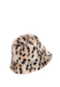 Leopardenmuster Bucket Hat aus Kunstfell mit weicher Textur, runder Form und einem leicht schlaffen Schirm. In überwiegend Beige- und Brauntönen.