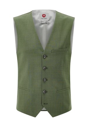 Ärmellose grüne Herrenweste mit vier Knöpfen vorne, drei paspelierten Taschen und einem weißen Innenfutter, das am Kragen sichtbar ist.