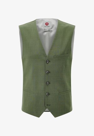 Ärmellose grüne Herrenweste mit vier Knöpfen vorne, drei paspelierten Taschen und einem weißen Innenfutter, das am Kragen sichtbar ist.