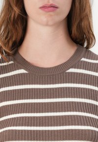 Brun ribbestrikket genser med hvite horisontale striper. Har rund hals og jevn tekstur. Ingen synlig maskinering eller detaljer.