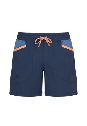 Marineblaue Badeshorts mit elastischem Bund, orangem Kordelzug und blau-orangefarbenem Besatz an den Vordertaschen.