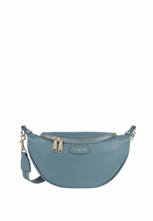 Sac bandoulière en cuir bleu en forme de croissant avec fermetures éclair dorées et sangle réglable, logo Lancaster Paris à l'avant.