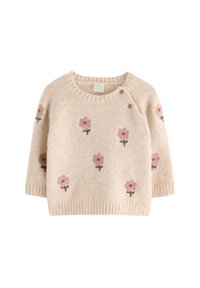 Lys beige strikket genser med korte ermer, pyntet med broderte rosa blomster og grønne stilker. Inkluderer en ribbestrikket krage og hem.