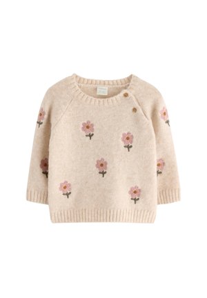 Lys beige strikket genser med korte ermer, pyntet med broderte rosa blomster og grønne stilker. Inkluderer en ribbestrikket krage og hem.