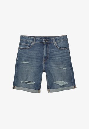 Jeansshorts in einem mittelblauen Farbton, mit abgetragenen Details und fransigen Säumen. Klassisches Fünf-Taschen-Design mit Knopfverschluss.