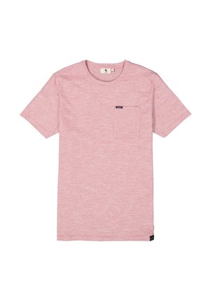 Helles rosa T-Shirt mit kurzen Ärmeln und strukturiertem Finish, ausgestattet mit einer kleinen Brusttasche und einem Stoffmarkenlabel am Saum.