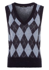 Mouwloos vest met een V-hals, blauw-grijs en donker marineblauw ruitpatroon, met een geribde zoom van een zachte, gebreide stof.
