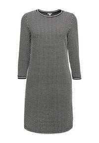 Robe à carreaux noir et blanc longueur genoux avec manches trois-quarts et col rond avec bordure rayée.