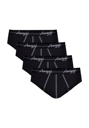 Cztery czarne męskie bokserki z szarym przeszyciem i logo "sloggi" na elastycznych pasach, ułożone nachodząco na białym tle.
