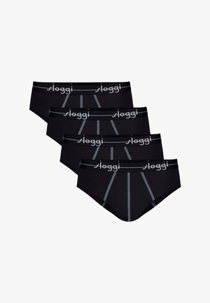 Vier schwarze Herren-Slips mit grauen Nähten und "sloggi"-Logo auf den elastischen Bundabschlüssen, überlappend auf weißem Hintergrund angeordnet.
