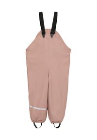 Rosa vanntett overall med elastiske mansjetter, justerbare svarte stropper, reflekterende hvit stripe, og en bred, behagelig passform.