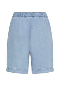 Short en denim bleu clair avec une taille élastique et des ourlets retournés, présenté de face sur un fond blanc.