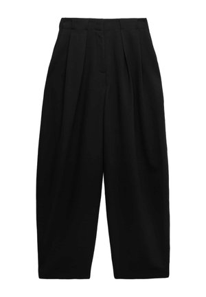 Pantaloni neri a vita alta con gambe larghe, pinces frontali e chiusura frontale nascosta, mostrati su sfondo bianco.