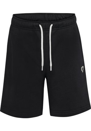Schwarze Baumwollshorts mit elastischem Bund und weißem Kordelzug. Verfügt über ein kleines besticktes Logo auf der Vorderseite.