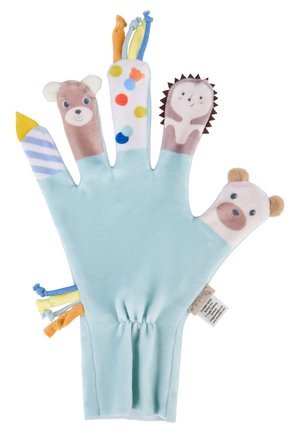 Soft blue children's glove puppet with five fingers, each featuring different animal faces and colorful fabric details.