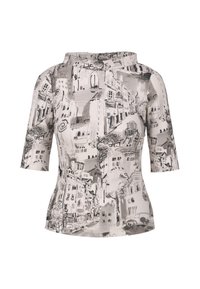 Short-sleeve top featuring a black and white architectural print, made of soft material, with a round neckline and a fitted silhouette.