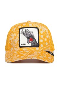Yellow hat with floral pattern, mesh sides, and a solid front panel featuring a parrot graphic and the word "PUNK" in black.