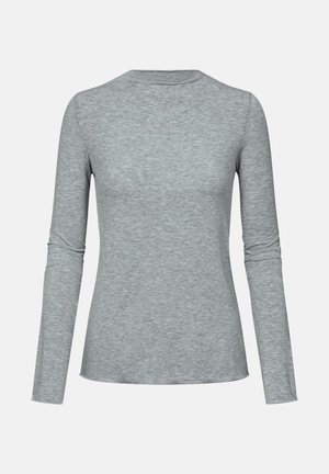 Langarmshirt in Hellgrau, aus weichem, strukturiertem Stoff. Hat einen Rundhalsausschnitt und eine figurbetonte Silhouette mit glatten Nähten.