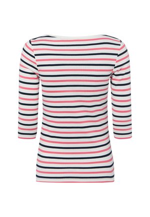 Camicia bianca a maniche lunghe con strisce orizzontali blu navy e rosa, caratterizzata da uno scollo a barca e una silhouette aderente.