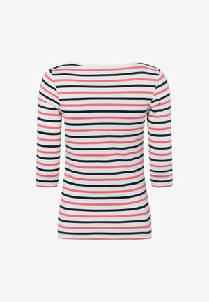 Weißes Langarmshirt mit horizontalen marineblauen und pinken Streifen, mit einem Boot-Ausschnitt und einer taillierten Silhouette.