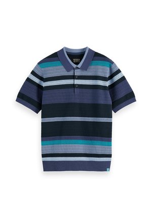 Polo en maille manches courtes avec des rayures horizontales dans des tons de bleu, gris, noir et sarcelle, doté d'une patte à trois boutons.