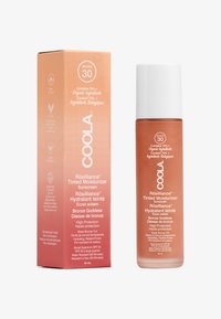 Getönte Feuchtigkeitscreme mit Sonnenschutz in einer schmalen, frostigen Glasflasche mit einem weißen Deckel. Die Box hat ein Ombre-Design von Pink zu Orange.